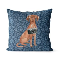 Hungarian Vizsla dog Inspired Denim Style Throw Pillow Cushion - Travel collection 19 Adventure is out there cushion Hungarian Vizsla Daisy Denim front view