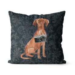 Hungarian Vizsla dog Inspired Denim Style Throw Pillow Cushion - Travel collection 18 Adventure is out there cushion Hungarian Vizsla Dark Damask Denim front view
