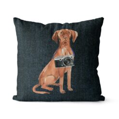 Hungarian Vizsla dog Inspired Denim Style Throw Pillow Cushion - Travel collection 17 Adventure is out there cushion Hungarian Vizsla Dark Denim front view