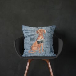 Hungarian Vizsla dog Inspired Denim Style Throw Pillow Cushion - Travel collection 14 Adventure is out there cushion Hungarian Vizsla Faded Ephemera Denim black chair
