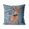 Hungarian Vizsla dog Inspired Denim Style Throw Pillow Cushion - Travel collection 2 Adventure is out there cushion Hungarian Vizsla Faded Ephemera Denim front view