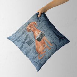 Hungarian Vizsla dog Inspired Denim Style Throw Pillow Cushion - Travel collection 13 Adventure is out there cushion Hungarian Vizsla Faded Ephemera Denim holding in hand