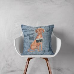 Hungarian Vizsla dog Inspired Denim Style Throw Pillow Cushion - Travel collection 12 Adventure is out there cushion Hungarian Vizsla Faded Ephemera Denim white chair
