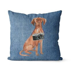 Hungarian Vizsla dog Inspired Denim Style Throw Pillow Cushion - Travel collection 16 Adventure is out there cushion Hungarian Vizsla Gently Faded Denim front view