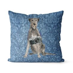 Adventure is out there cushion Irish Wolf Hound Bleached Damask Denim front view