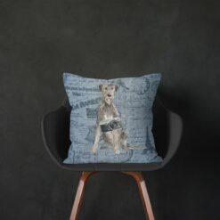 Adventure is out there cushion Irish Wolf Hound Faded Ephemera Denim black chair