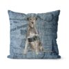Irish Wolf Hound dog Inspired Denim Style Throw Pillow Cushion - Travel collection 2 Adventure is out there cushion Irish Wolf Hound Faded Ephemera Denim front view