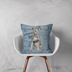 Adventure is out there cushion Irish Wolf Hound Faded Ephemera Denim white chair