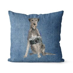 Adventure is out there cushion Irish Wolf Hound Gently Faded Denim front view