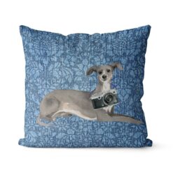 Adventure is out there cushion Italian greyhound Bleached Damask Denim front view
