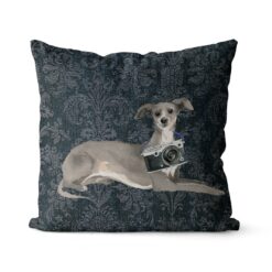 Adventure is out there cushion Italian greyhound Dark Damask Denim front view
