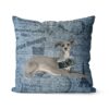 Italian greyhound dog Inspired Denim Style Throw Pillow Cushion - Travel collection 2 Adventure is out there cushion Italian greyhound Faded Ephemera Denim front view