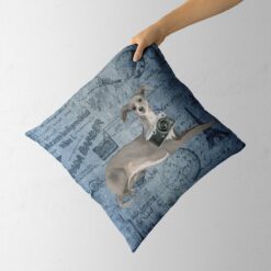 Adventure is out there cushion Italian greyhound Faded Ephemera Denim holding in hand
