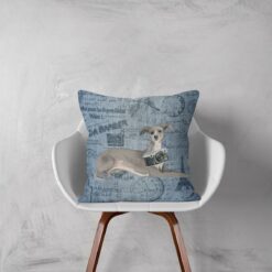 Adventure is out there cushion Italian greyhound Faded Ephemera Denim white chair