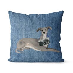 Adventure is out there cushion Italian greyhound Gently Faded Denim front view