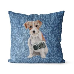 Jack Russell dog Inspired Denim Style Throw Pillow Cushion - Travel collection 20 Adventure is out there cushion Jack Russel Bleached Damask Denim front view