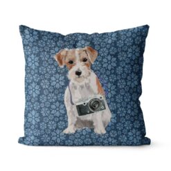 Jack Russell dog Inspired Denim Style Throw Pillow Cushion - Travel collection 19 Adventure is out there cushion Jack Russel Daisy Denim front view