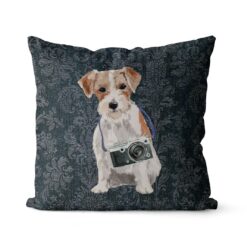 Jack Russell dog Inspired Denim Style Throw Pillow Cushion - Travel collection 18 Adventure is out there cushion Jack Russel Dark Damask Denim front view