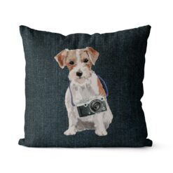 Jack Russell dog Inspired Denim Style Throw Pillow Cushion - Travel collection 17 Adventure is out there cushion Jack Russel Dark Denim front view