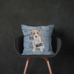 Jack Russell dog Inspired Denim Style Throw Pillow Cushion - Travel collection 14 Adventure is out there cushion Jack Russel Faded Ephemera Denim black chair