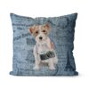 Jack Russell dog Inspired Denim Style Throw Pillow Cushion - Travel collection 2 Adventure is out there cushion Jack Russel Faded Ephemera Denim front view