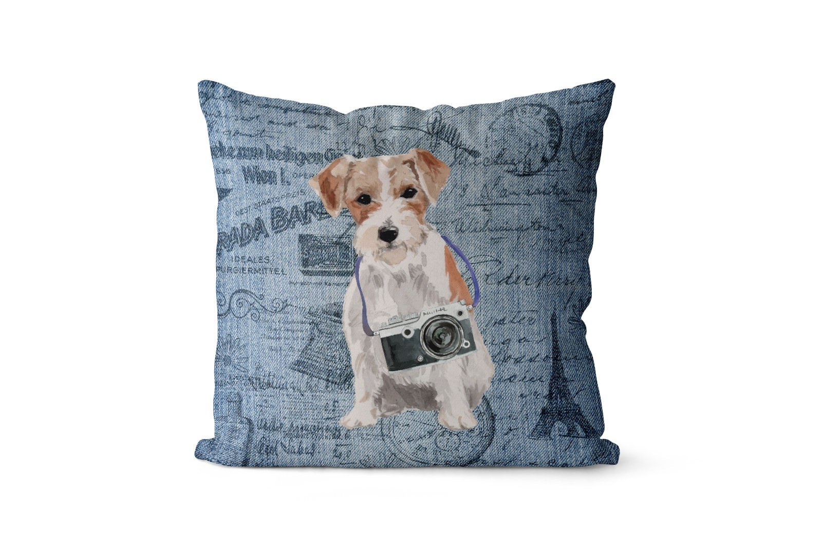 Jack Russell dog Inspired Denim Style Throw Pillow Cushion - Travel collection 2 Jack Russell dog Inspired Denim Style Throw Pillow Cushion - Travel collection