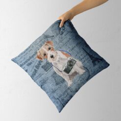 Jack Russell dog Inspired Denim Style Throw Pillow Cushion - Travel collection 13 Adventure is out there cushion Jack Russel Faded Ephemera Denim holding in hand