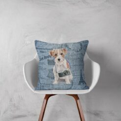 Jack Russell dog Inspired Denim Style Throw Pillow Cushion - Travel collection 12 Adventure is out there cushion Jack Russel Faded Ephemera Denim white chair