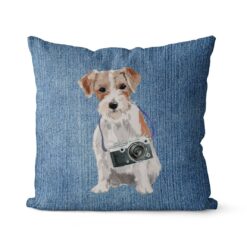 Jack Russell dog Inspired Denim Style Throw Pillow Cushion - Travel collection 16 Adventure is out there cushion Jack Russel Gently Faded Denim front view