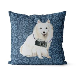 Japanese Spitz dog Inspired Denim Style Throw Pillow Cushion - Travel collection 19 Adventure is out there cushion Japanese Spitz Daisy Denim front view