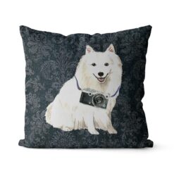 Japanese Spitz dog Inspired Denim Style Throw Pillow Cushion - Travel collection 18 Adventure is out there cushion Japanese Spitz Dark Damask Denim front view
