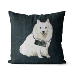 Japanese Spitz dog Inspired Denim Style Throw Pillow Cushion - Travel collection 17 Adventure is out there cushion Japanese Spitz Dark Denim front view