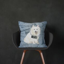 Japanese Spitz dog Inspired Denim Style Throw Pillow Cushion - Travel collection 14 Adventure is out there cushion Japanese Spitz Faded Ephemera Denim black chair
