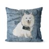 Japanese Spitz dog Inspired Denim Style Throw Pillow Cushion - Travel collection 2 Adventure is out there cushion Japanese Spitz Faded Ephemera Denim front view