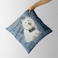Japanese Spitz dog Inspired Denim Style Throw Pillow Cushion - Travel collection 13 Adventure is out there cushion Japanese Spitz Faded Ephemera Denim holding in hand