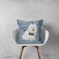 Japanese Spitz dog Inspired Denim Style Throw Pillow Cushion - Travel collection 12 Adventure is out there cushion Japanese Spitz Faded Ephemera Denim white chair