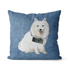 Japanese Spitz dog Inspired Denim Style Throw Pillow Cushion - Travel collection 16 Adventure is out there cushion Japanese Spitz Gently Faded Denim front view