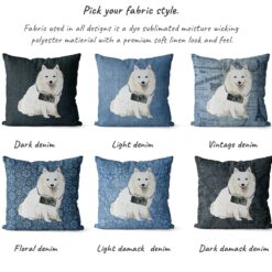 Japanese Spitz dog Inspired Denim Style Throw Pillow Cushion - Travel collection 15 Adventure is out there cushion Japanese Spitz variations