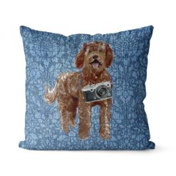 Labradoodle dog Inspired Denim Style Throw Pillow Cushion - Travel collection 18 Adventure is out there cushion Labradoodle Bleached Damask Denim front view