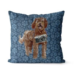 Labradoodle dog Inspired Denim Style Throw Pillow Cushion - Travel collection 17 Adventure is out there cushion Labradoodle Daisy Denim front view