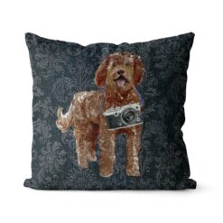 Labradoodle dog Inspired Denim Style Throw Pillow Cushion - Travel collection 16 Adventure is out there cushion Labradoodle Dark Damask Denim front view