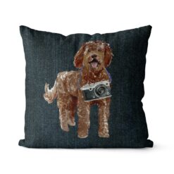 Labradoodle dog Inspired Denim Style Throw Pillow Cushion - Travel collection 15 Adventure is out there cushion Labradoodle Dark Denim front view