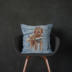 Labradoodle dog Inspired Denim Style Throw Pillow Cushion - Travel collection 13 Adventure is out there cushion Labradoodle Faded Ephemera Denim black chair