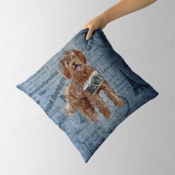 Labradoodle dog Inspired Denim Style Throw Pillow Cushion - Travel collection 12 Adventure is out there cushion Labradoodle Faded Ephemera Denim holding in hand