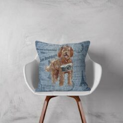 Labradoodle dog Inspired Denim Style Throw Pillow Cushion - Travel collection 11 Adventure is out there cushion Labradoodle Faded Ephemera Denim white chair