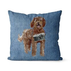 Labradoodle dog Inspired Denim Style Throw Pillow Cushion - Travel collection 14 Adventure is out there cushion Labradoodle Gently Faded Denim front view