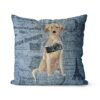 Labrador retriever dog Inspired Denim Style Throw Pillow Cushion - Travel collection 2 Adventure is out there cushion Labrador retriever Faded Ephemera Denim front view