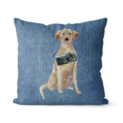 Adventure is out there cushion Labrador retriever Gently Faded Denim front view