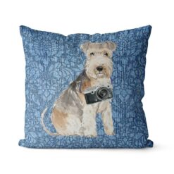 Lakeland Terrier dog Inspired Denim Style Throw Pillow Cushion - Travel collection 20 Adventure is out there cushion Lakeland Terrier Bleached Damask Denim front view