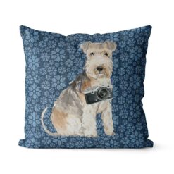Lakeland Terrier dog Inspired Denim Style Throw Pillow Cushion - Travel collection 19 Adventure is out there cushion Lakeland Terrier Daisy Denim front view